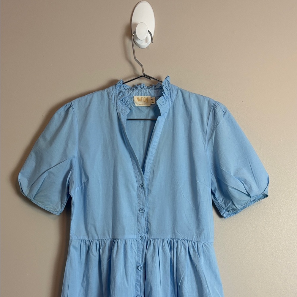 Nation LTD Sky Blue Midi Dress with Puff Sleeves 100% Pima Cotton - Picture 6 of 8